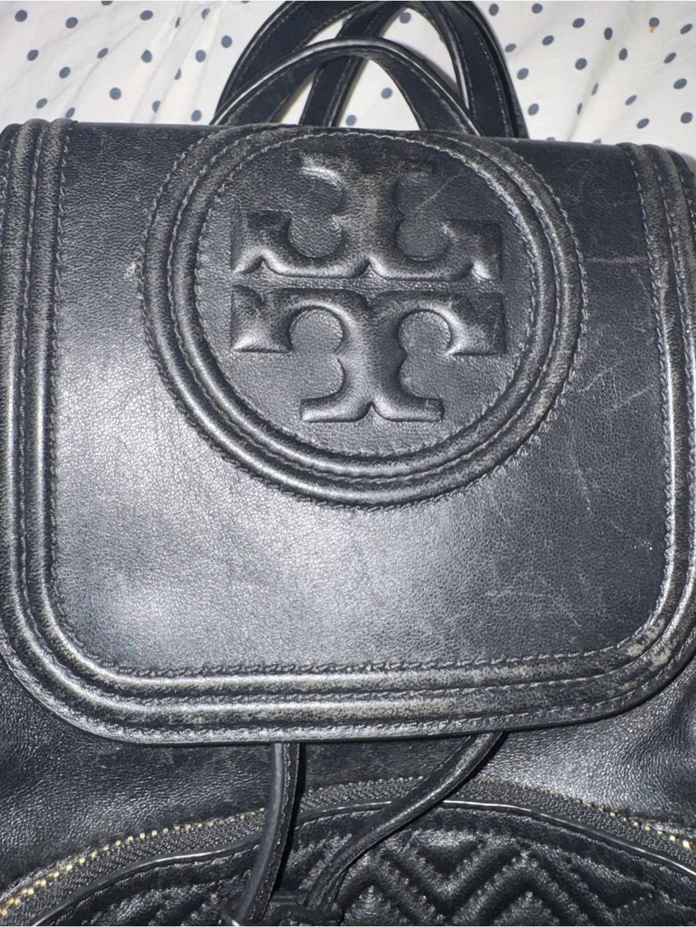 Tory Burch Black Quilted Front Pocket Leather Backpack with Tassels